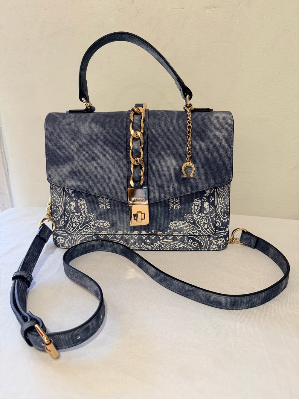 ALDO- Denim Blue Paisley Top-Handle Shoulder Bag - Gold Hardware